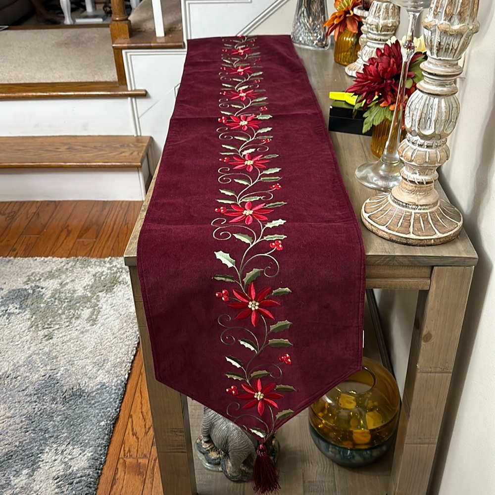 Inspired Treasure Burgundy Red Poinsettia Table Runner